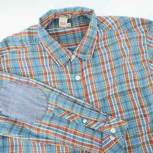 Carbon‎ 2 Cobalt Plaid Flannel Shirt Elbow Patches Men's Medium Blue Orange